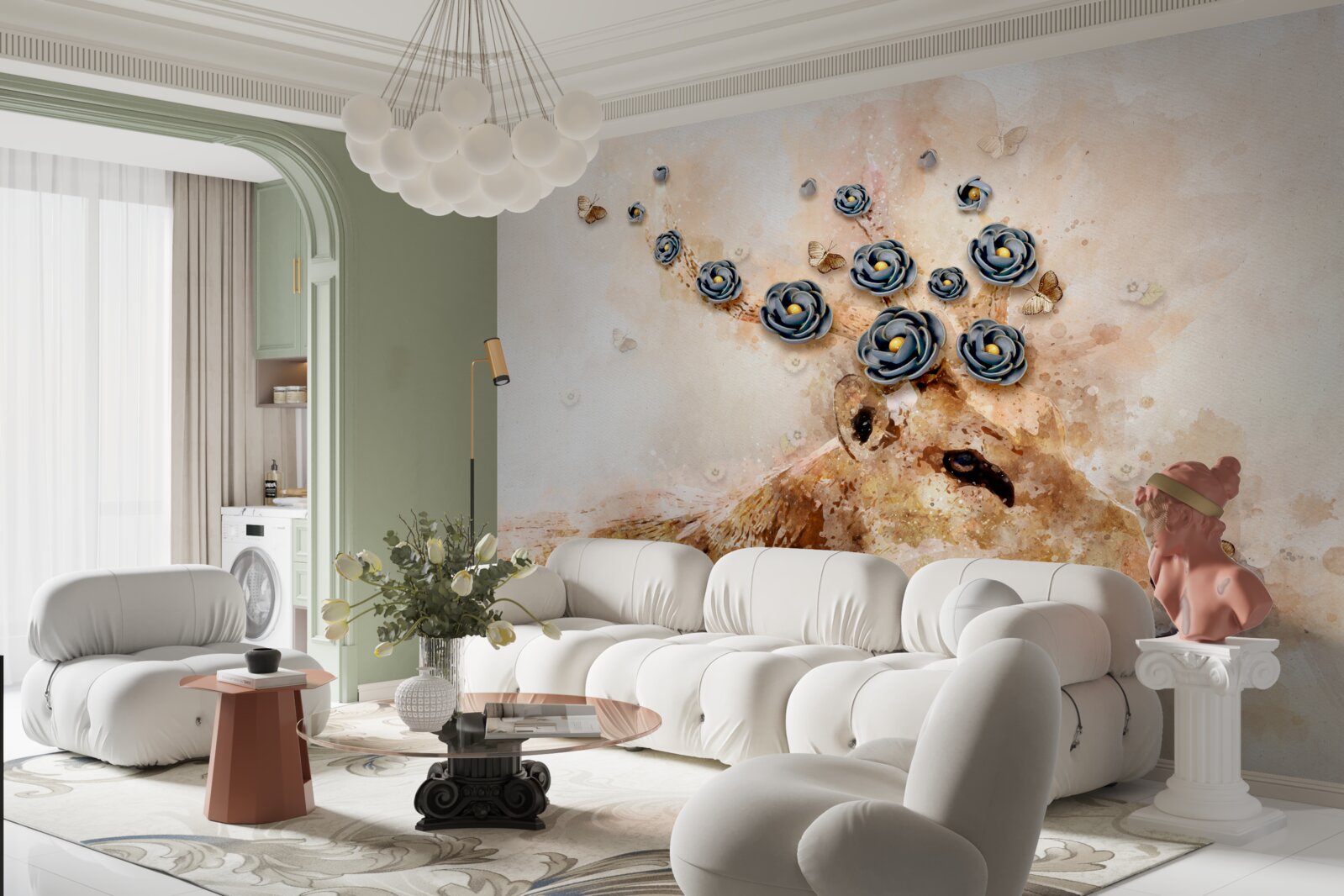 Fototapet elena este înconjurată de flori pe un fundal roz