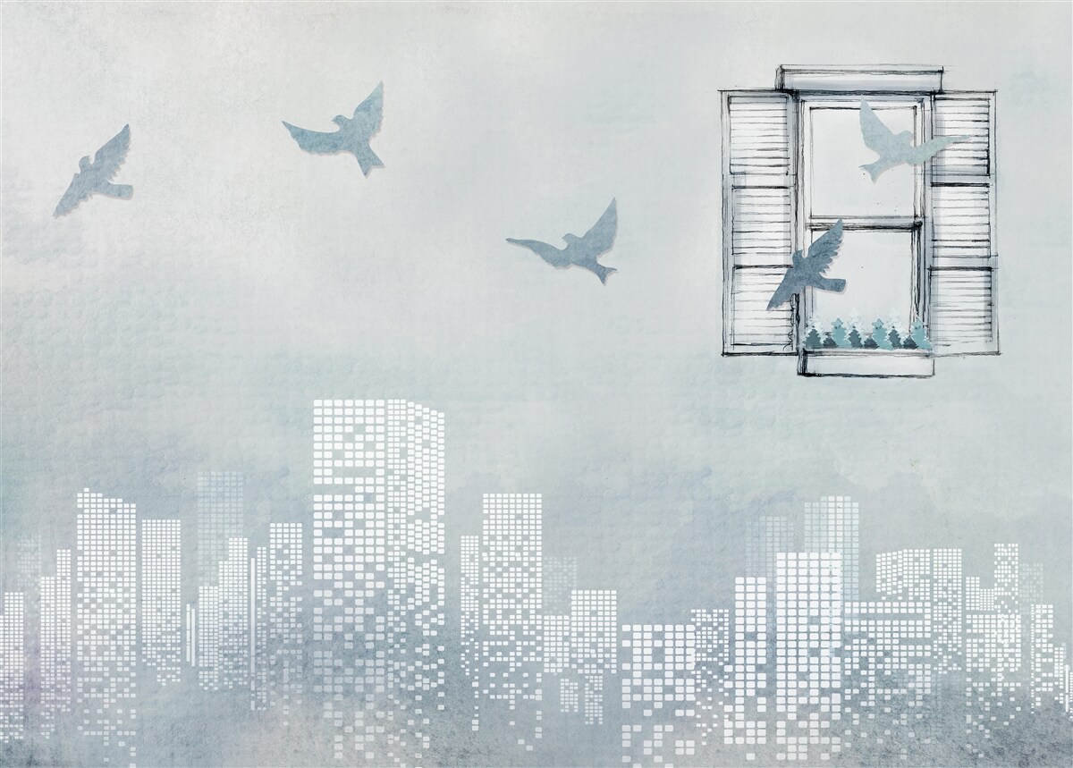 Fototapet păsări zburând deasupra unui oraș mare