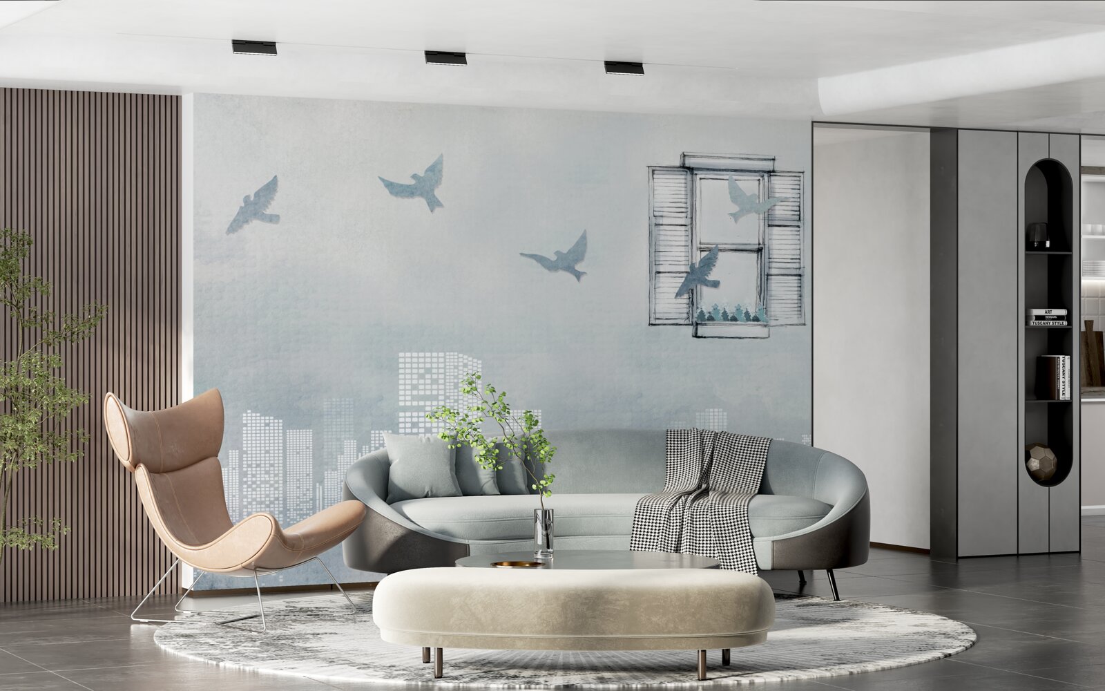 Fototapet păsări zburând deasupra unui oraș mare