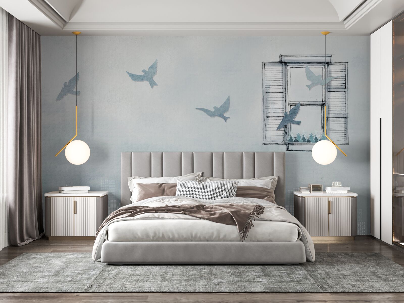 Fototapet păsări zburând deasupra unui oraș mare