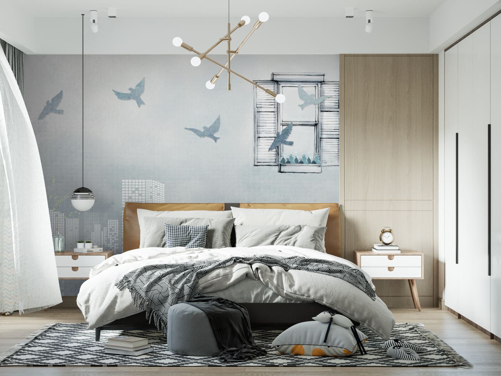 Fototapet păsări zburând deasupra unui oraș mare