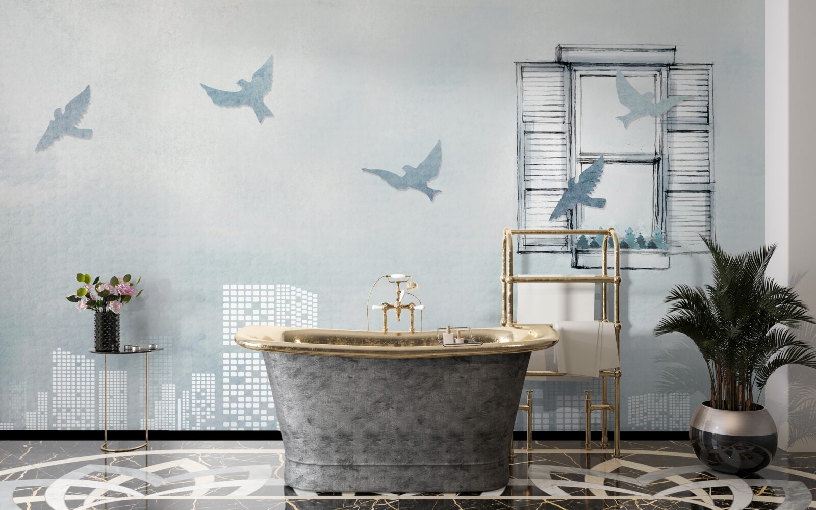 Fototapet păsări zburând deasupra unui oraș mare