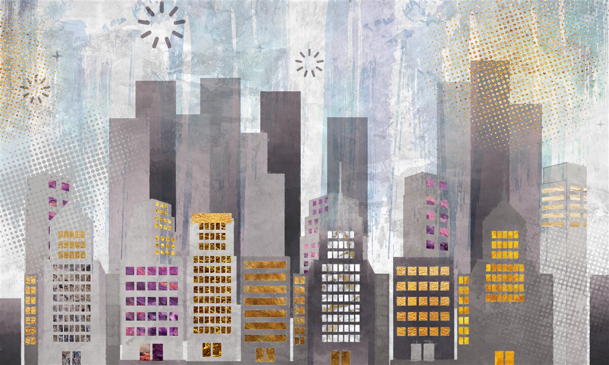 Fototapet un oraș acoperit de gri, cu lumini aurii sclipitoare