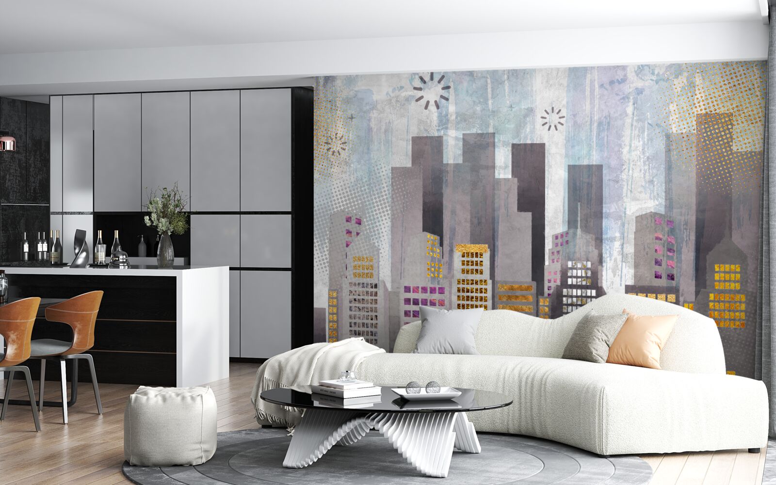 Fototapet un oraș acoperit de gri, cu lumini aurii sclipitoare