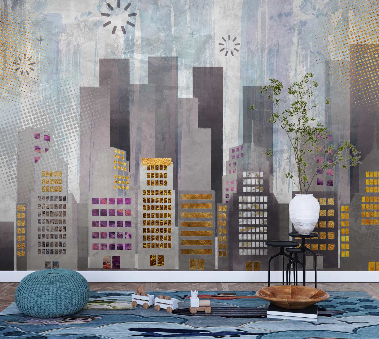 Fototapet un oraș acoperit de gri, cu lumini aurii sclipitoare