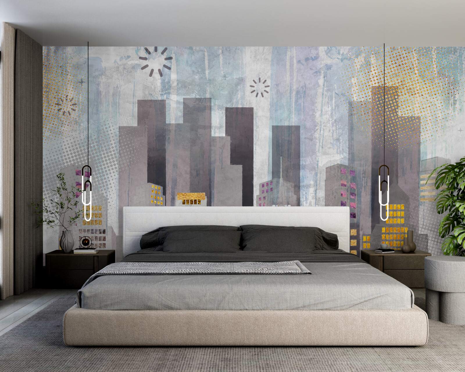 Fototapet un oraș acoperit de gri, cu lumini aurii sclipitoare