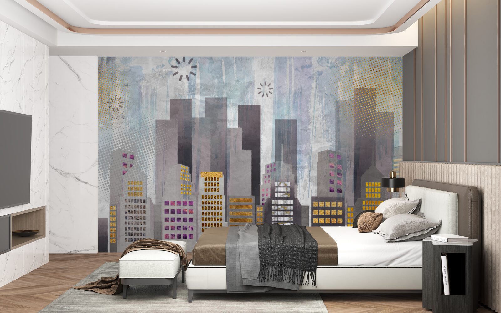 Fototapet un oraș acoperit de gri, cu lumini aurii sclipitoare