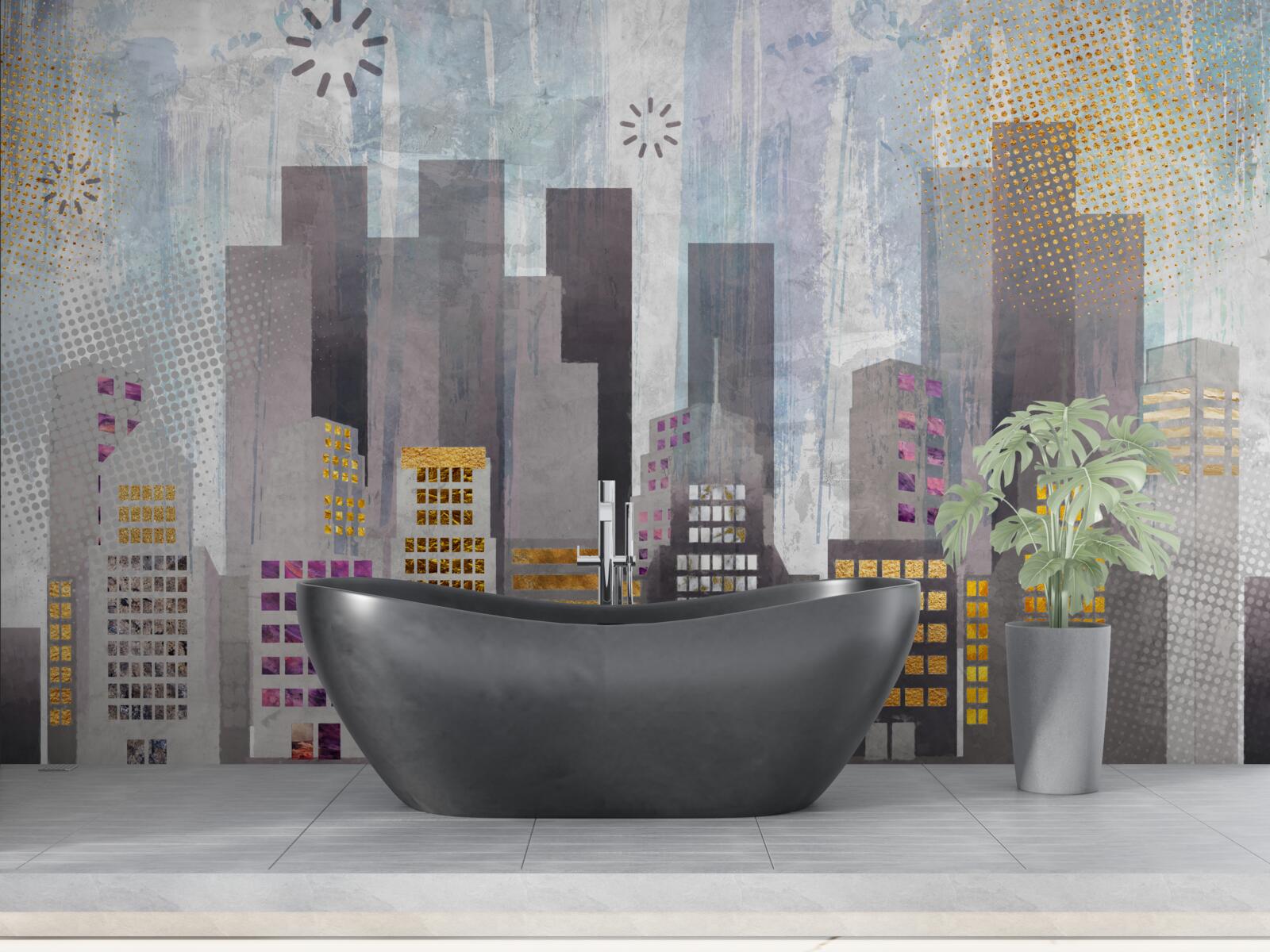 Fototapet un oraș acoperit de gri, cu lumini aurii sclipitoare