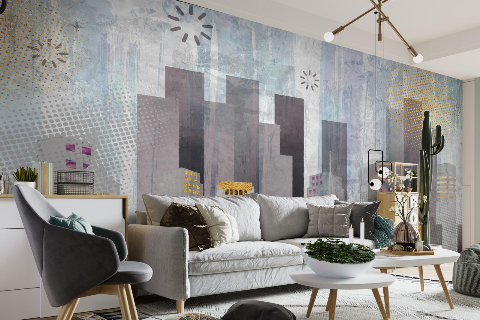 Fototapet un oraș acoperit de gri, cu lumini aurii sclipitoare