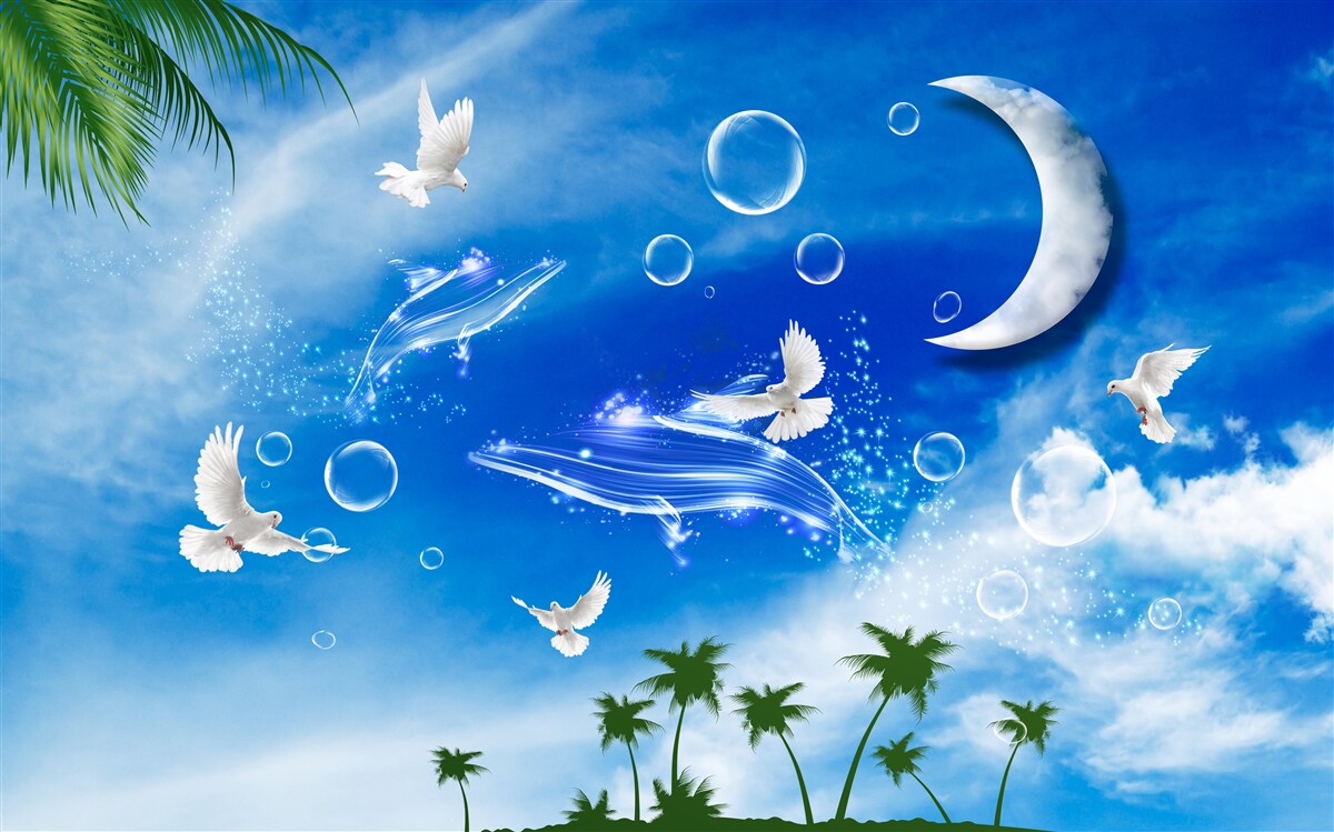 Fototapet luna pe cerul zilei și porumbeii