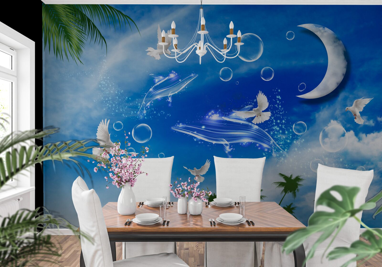 Fototapet luna pe cerul zilei și porumbeii