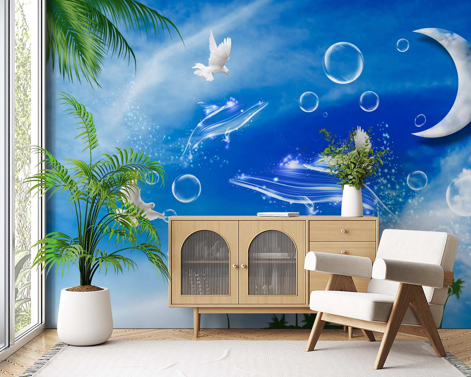 Fototapet luna pe cerul zilei și porumbeii