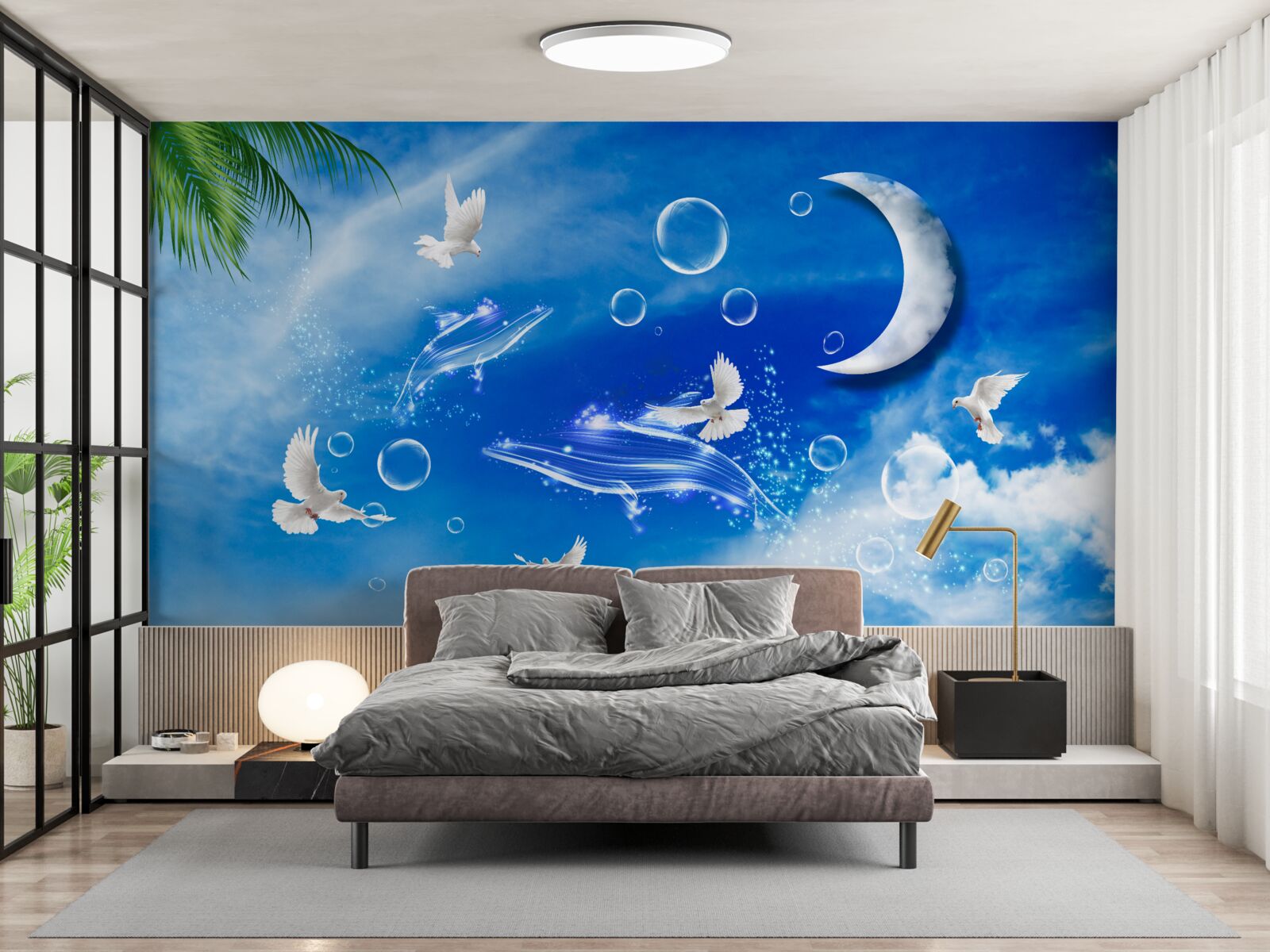 Fototapet luna pe cerul zilei și porumbeii