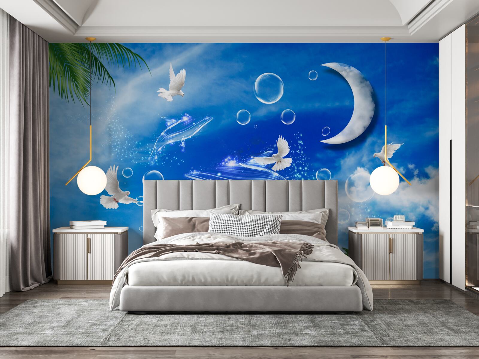 Fototapet luna pe cerul zilei și porumbeii