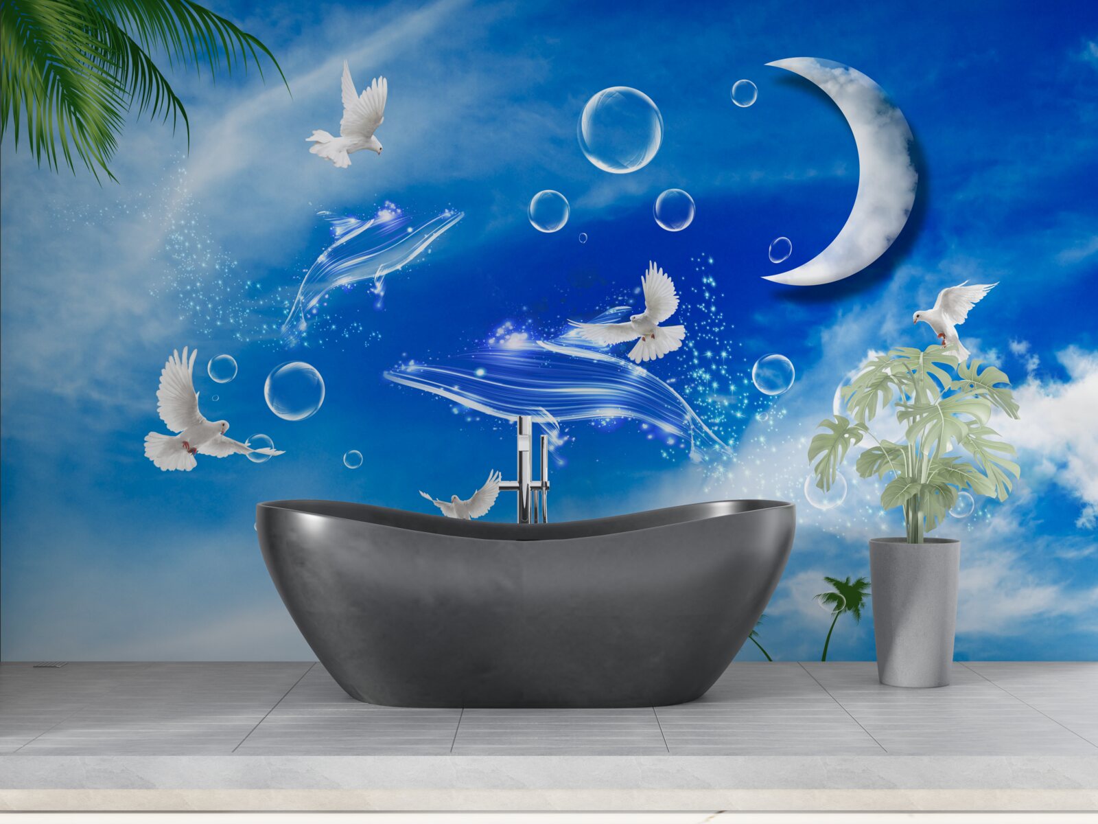 Fototapet luna pe cerul zilei și porumbeii