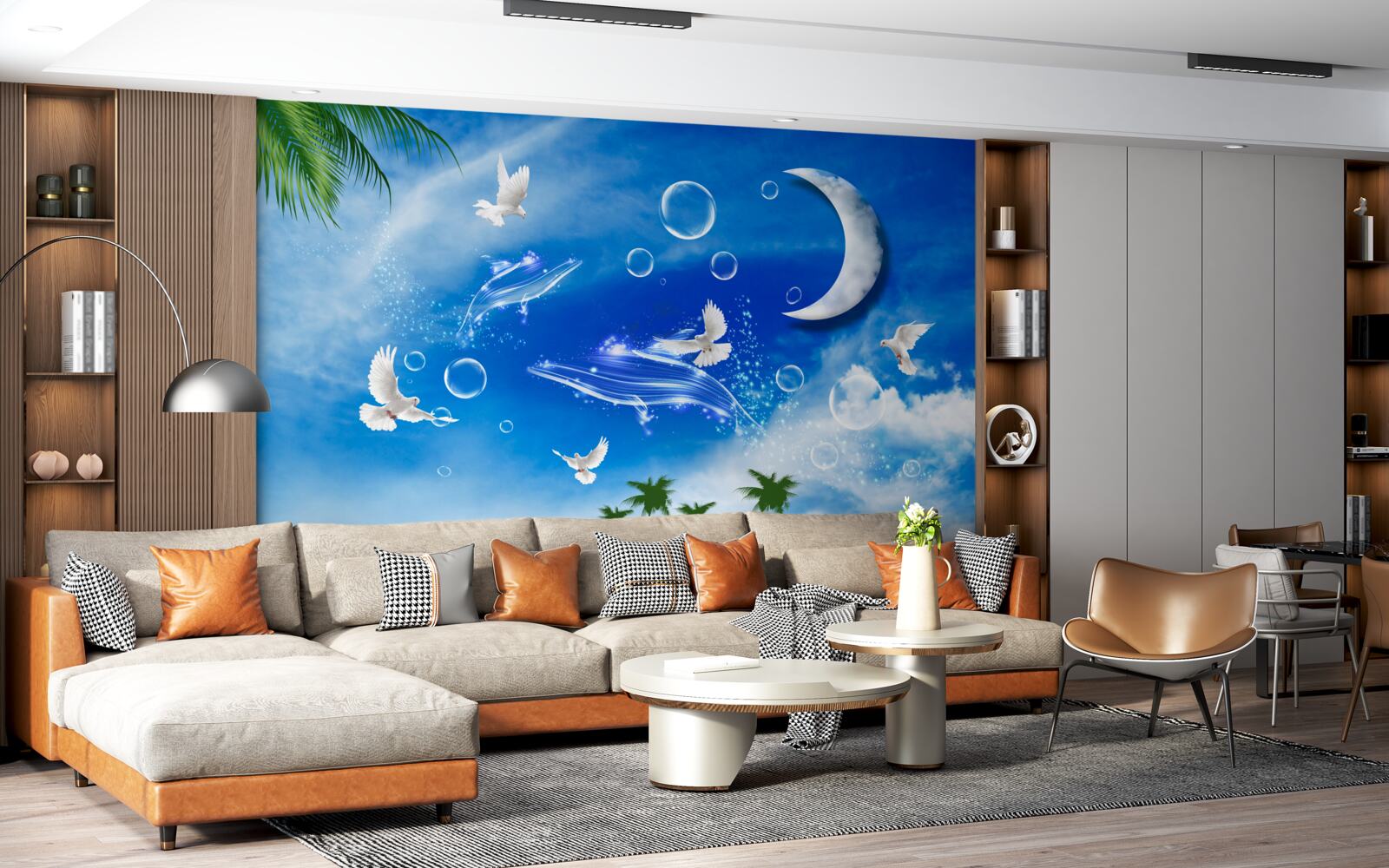 Fototapet luna pe cerul zilei și porumbeii