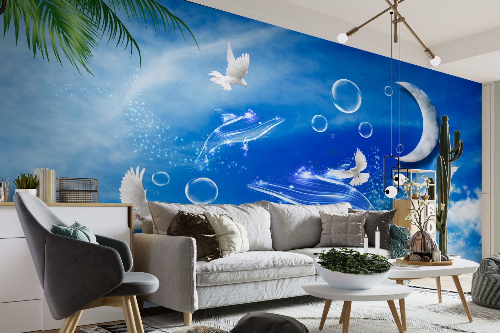 Fototapet luna pe cerul zilei și porumbeii