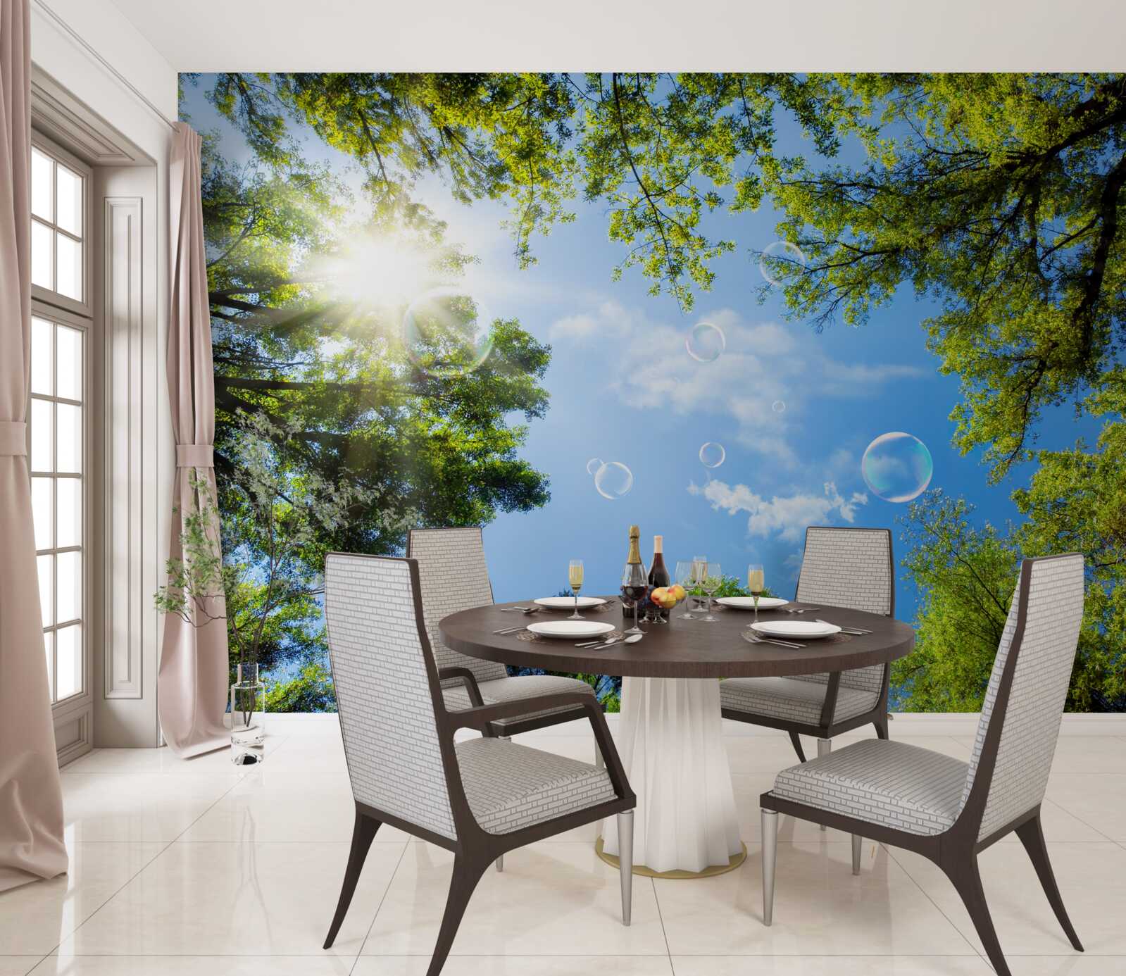 Fototapet pădurea verde este luminată de razele strălucitoare ale soarelui