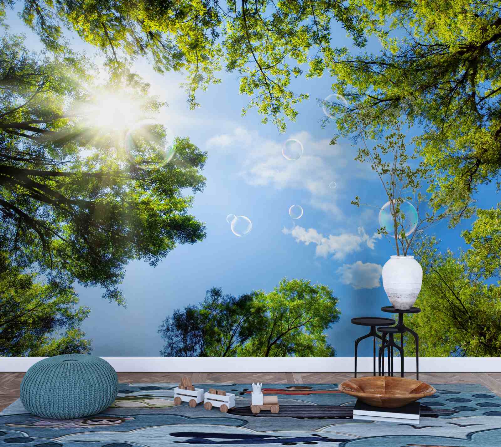 Fototapet pădurea verde este luminată de razele strălucitoare ale soarelui