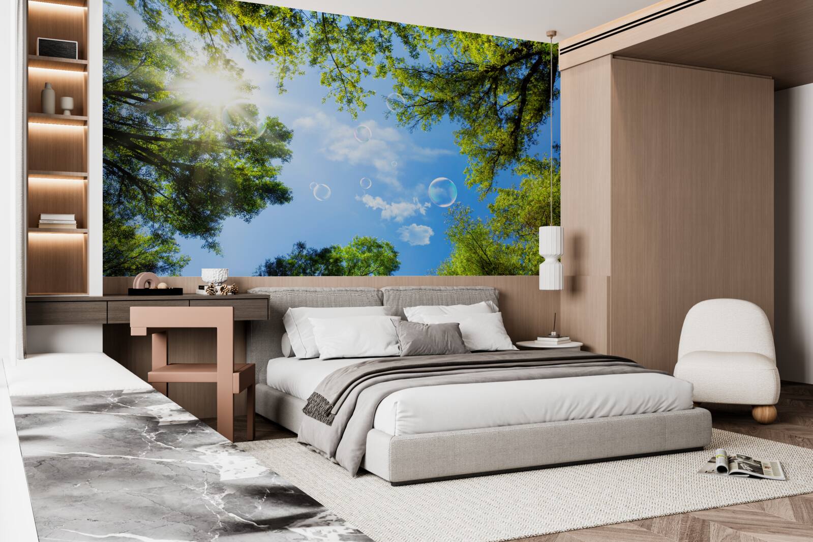 Fototapet pădurea verde este luminată de razele strălucitoare ale soarelui