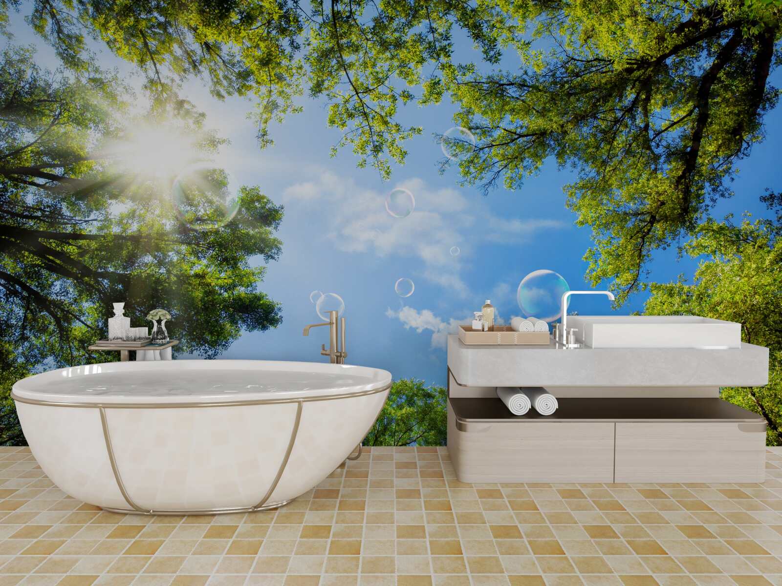 Fototapet pădurea verde este luminată de razele strălucitoare ale soarelui