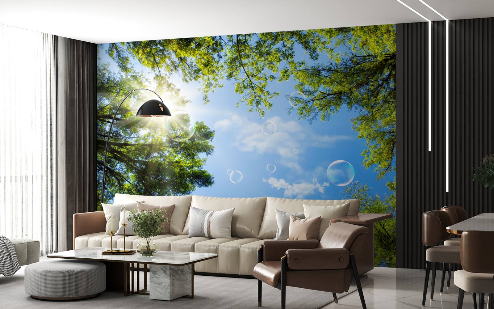 Fototapet pădurea verde este luminată de razele strălucitoare ale soarelui