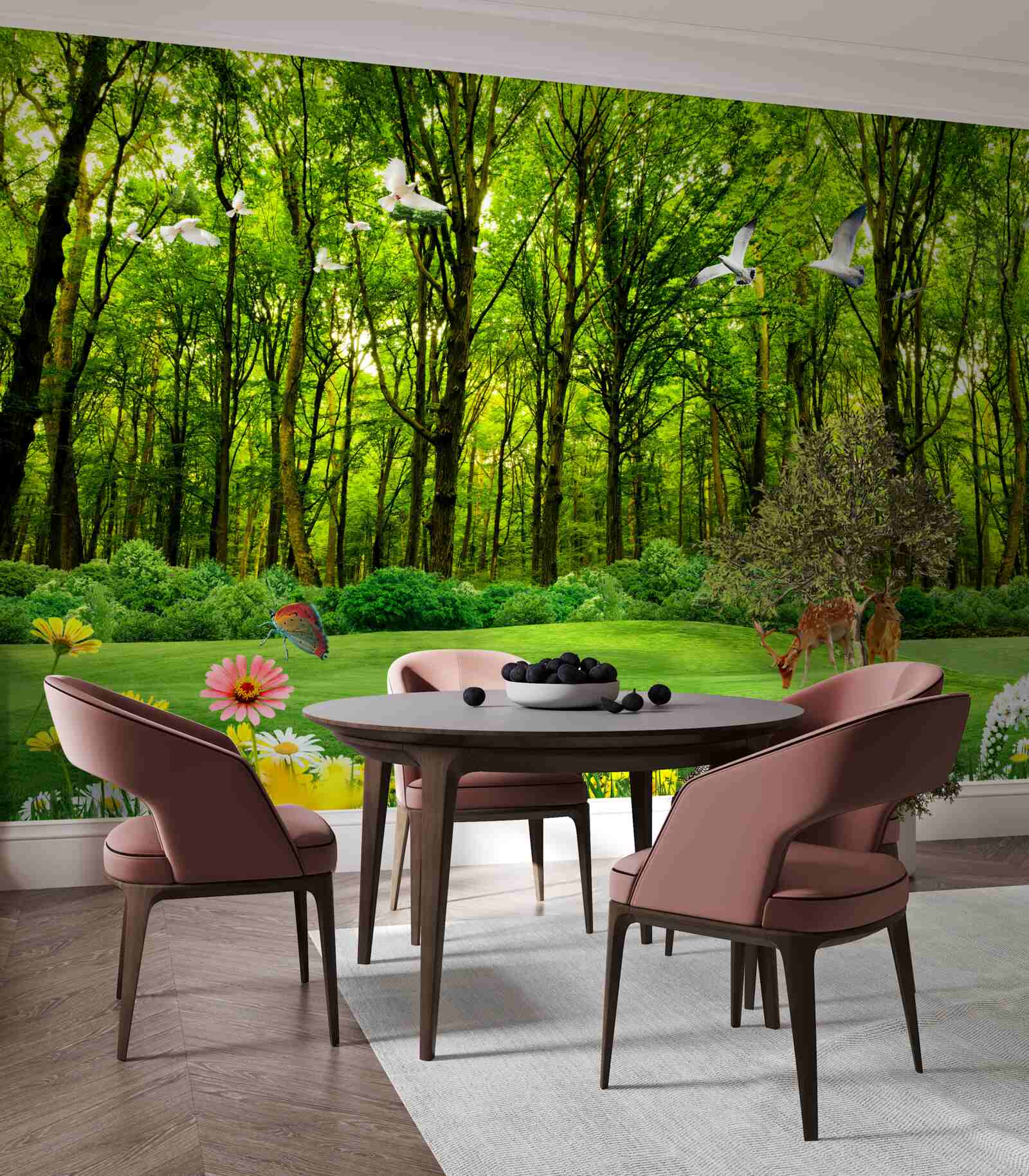 Fototapet în pădurea verde căprioarele sunt la păscut