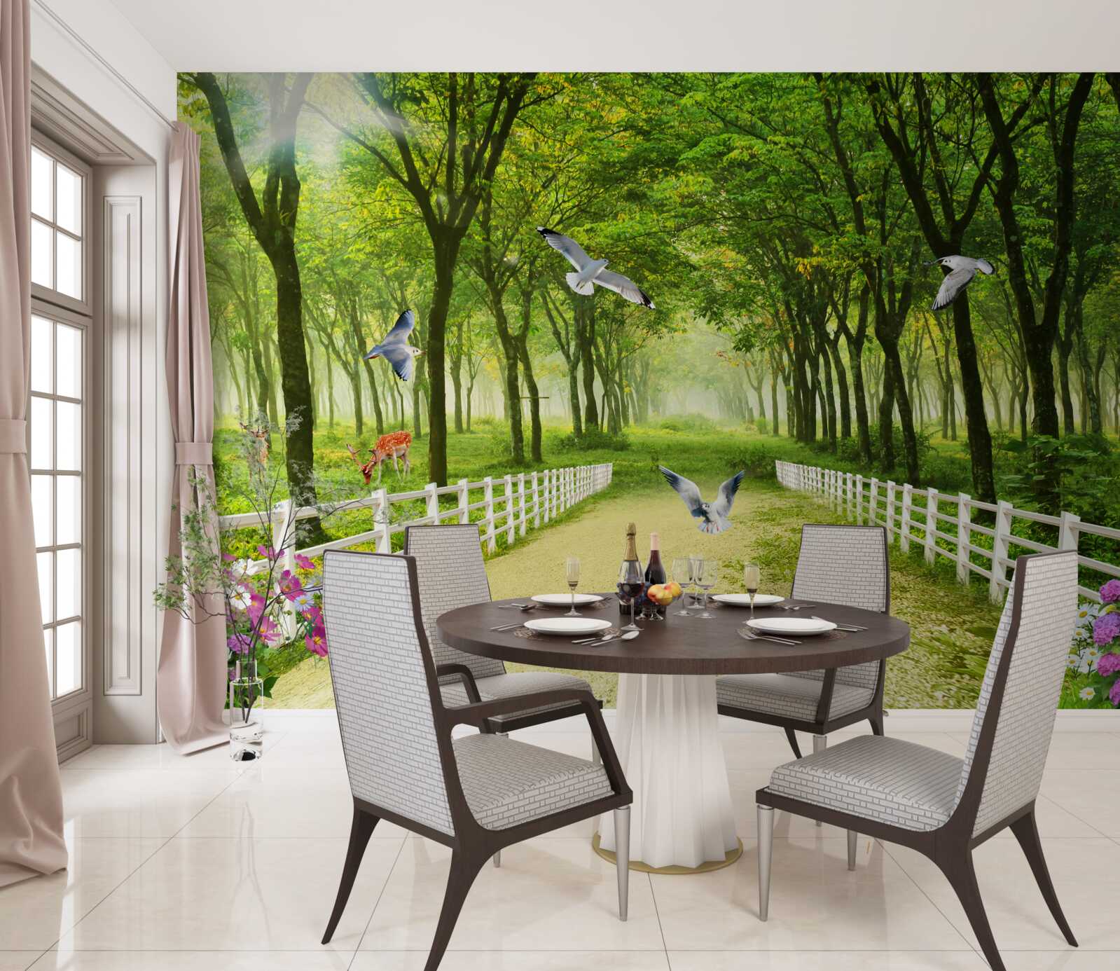 Fototapet în pădure, porumbeii întâmpină razele calde ale soarelui