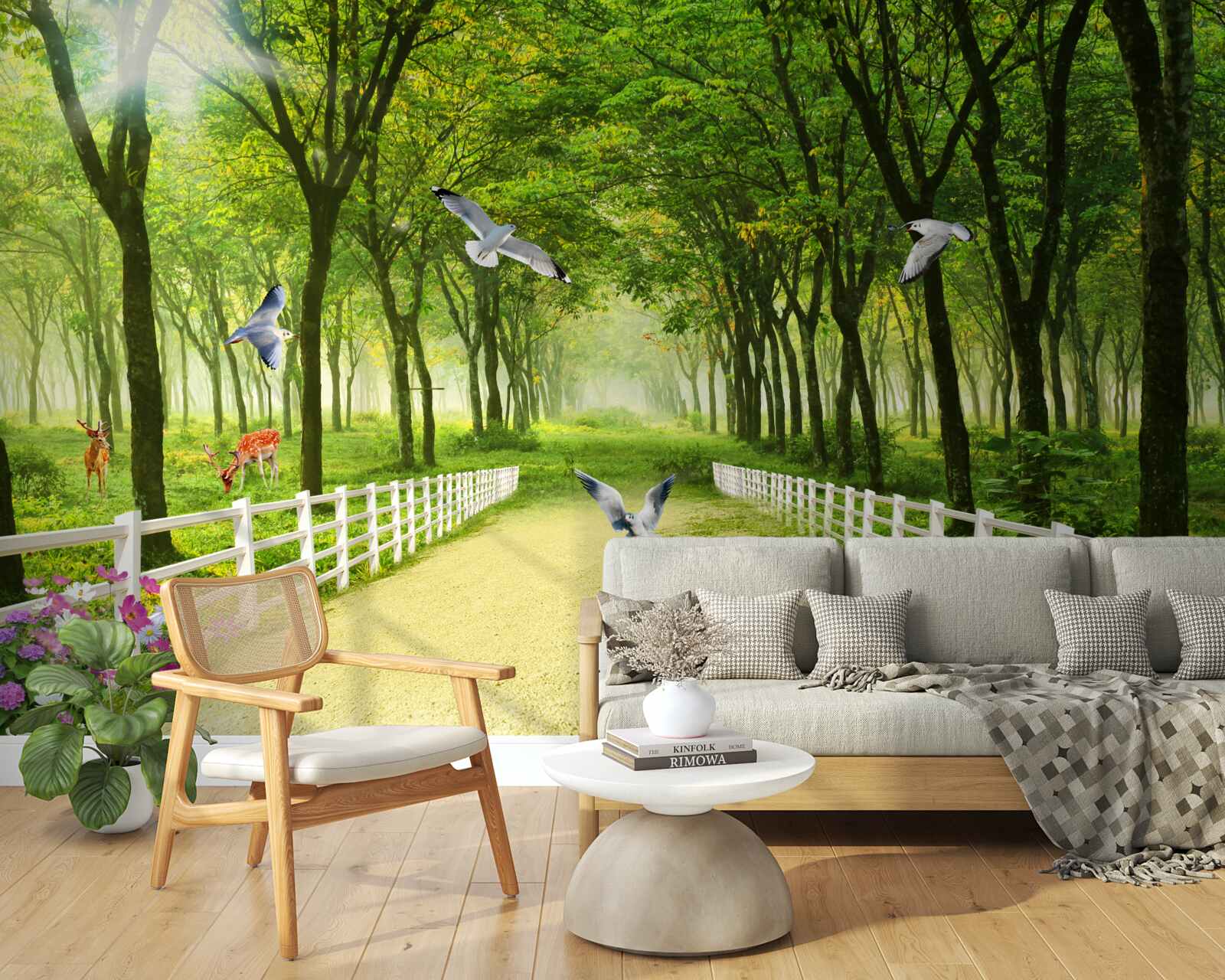 Fototapet în pădure, porumbeii întâmpină razele calde ale soarelui