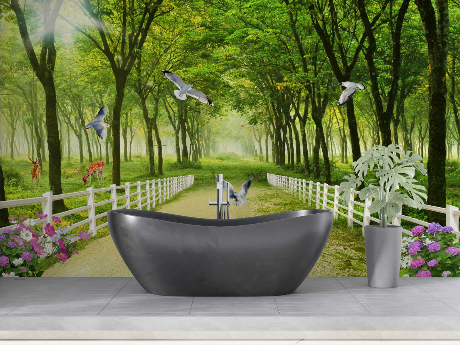 Fototapet în pădure, porumbeii întâmpină razele calde ale soarelui