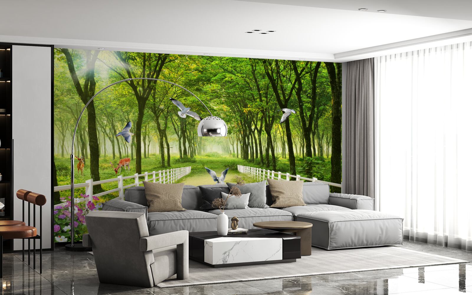 Fototapet în pădure, porumbeii întâmpină razele calde ale soarelui