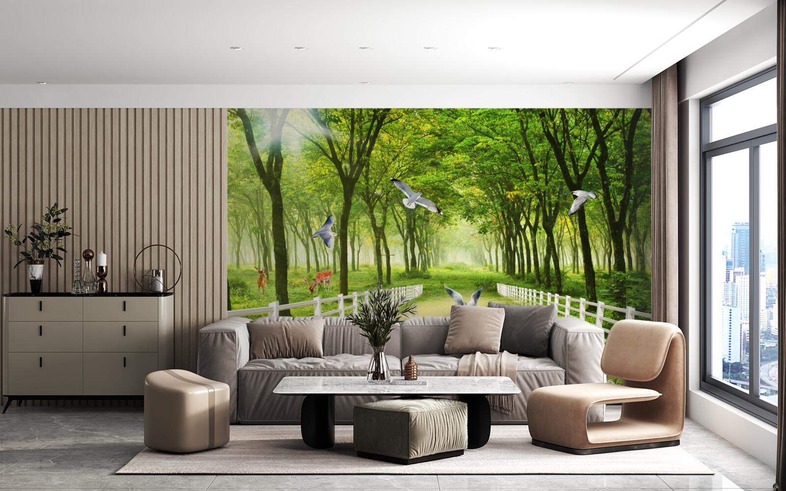 Fototapet în pădure, porumbeii întâmpină razele calde ale soarelui