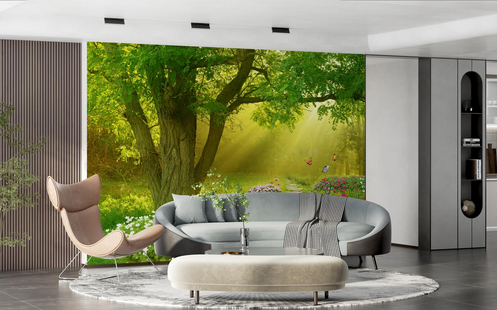 Fototapet razele soarelui încălzesc o pădure învăluită în ceața nopții