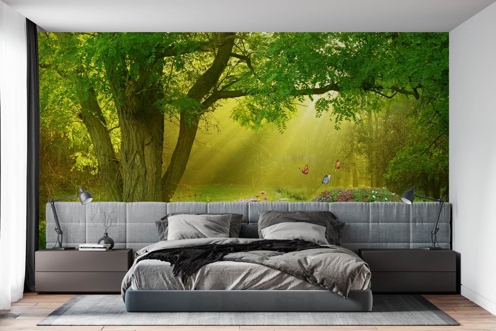 Fototapet razele soarelui încălzesc o pădure învăluită în ceața nopții