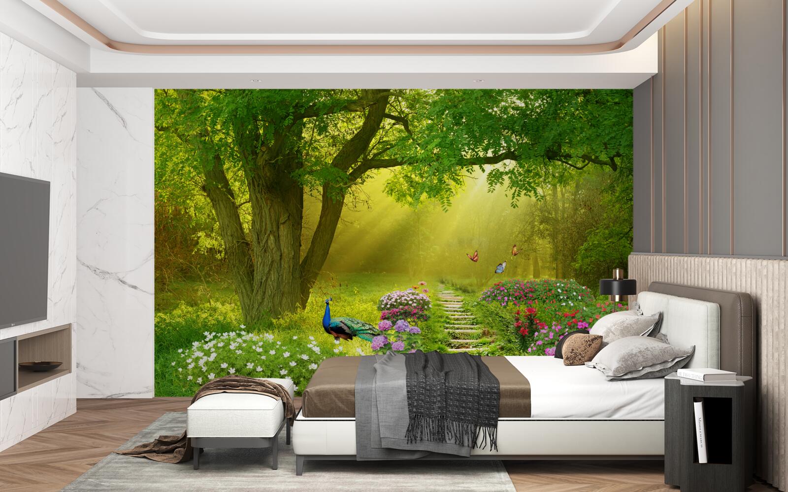 Fototapet razele soarelui încălzesc o pădure învăluită în ceața nopții