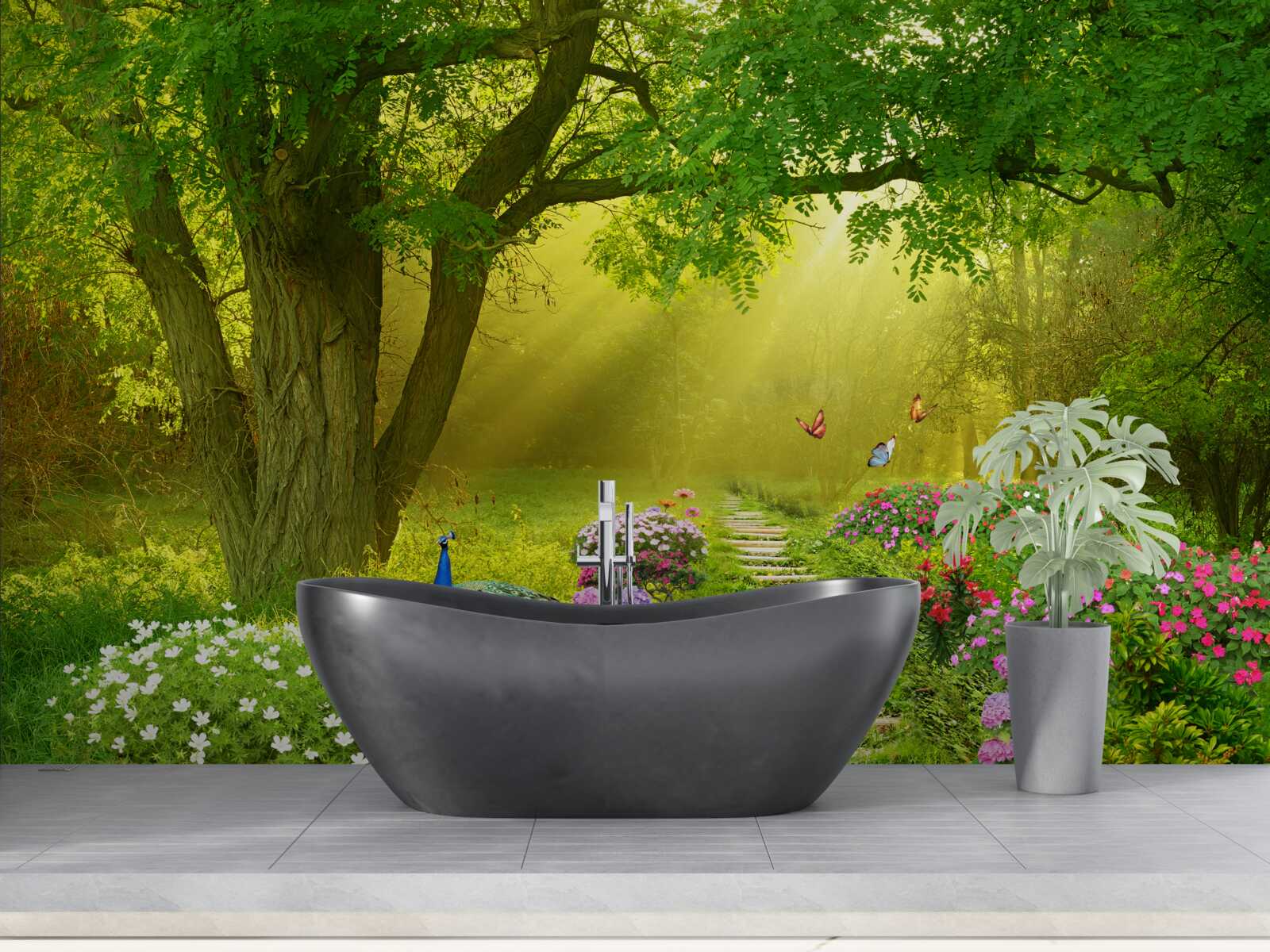 Fototapet razele soarelui încălzesc o pădure învăluită în ceața nopții