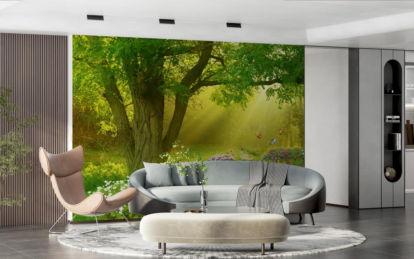 Fototapet razele soarelui încălzesc o pădure învăluită în ceața nopții