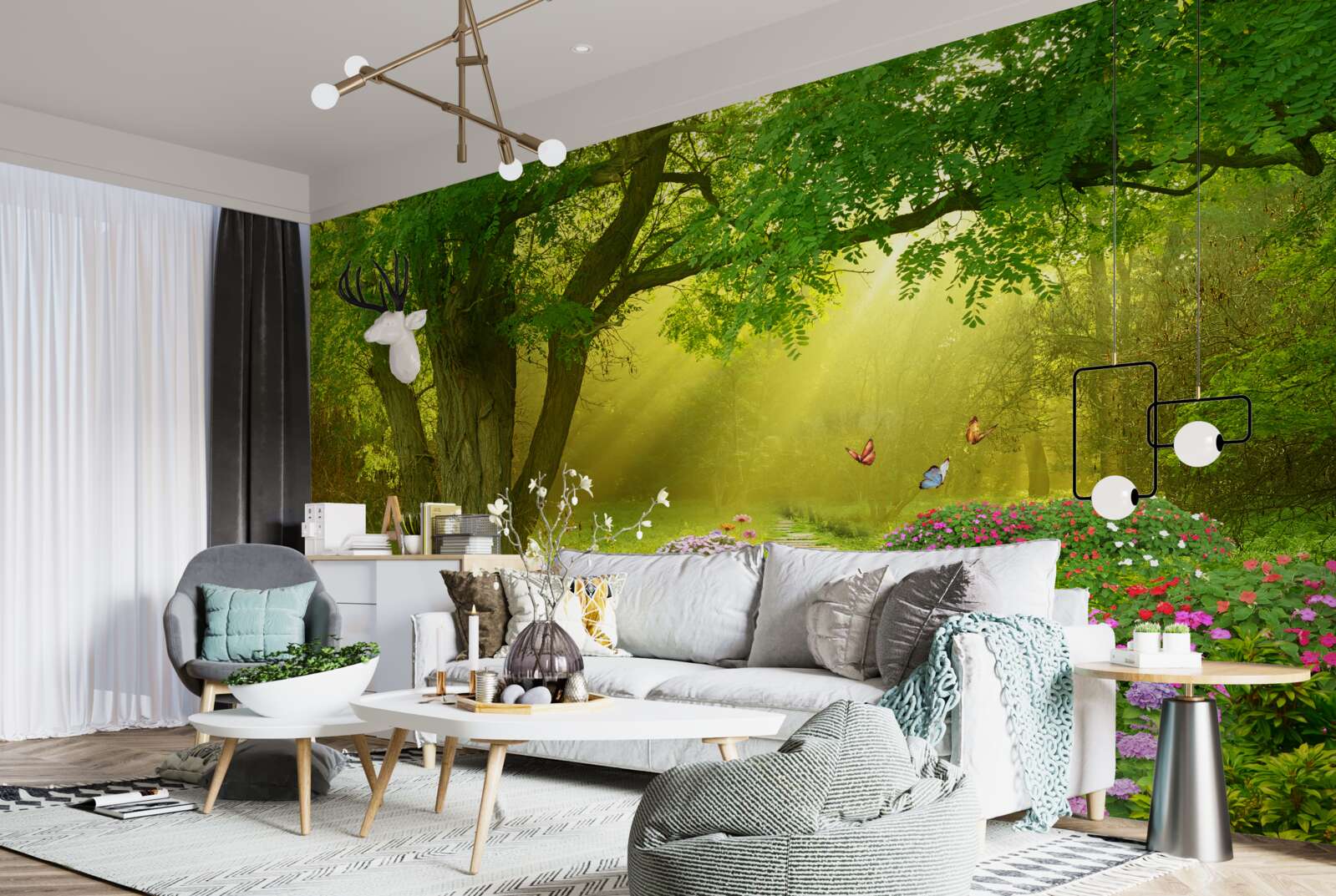 Fototapet razele soarelui încălzesc o pădure învăluită în ceața nopții