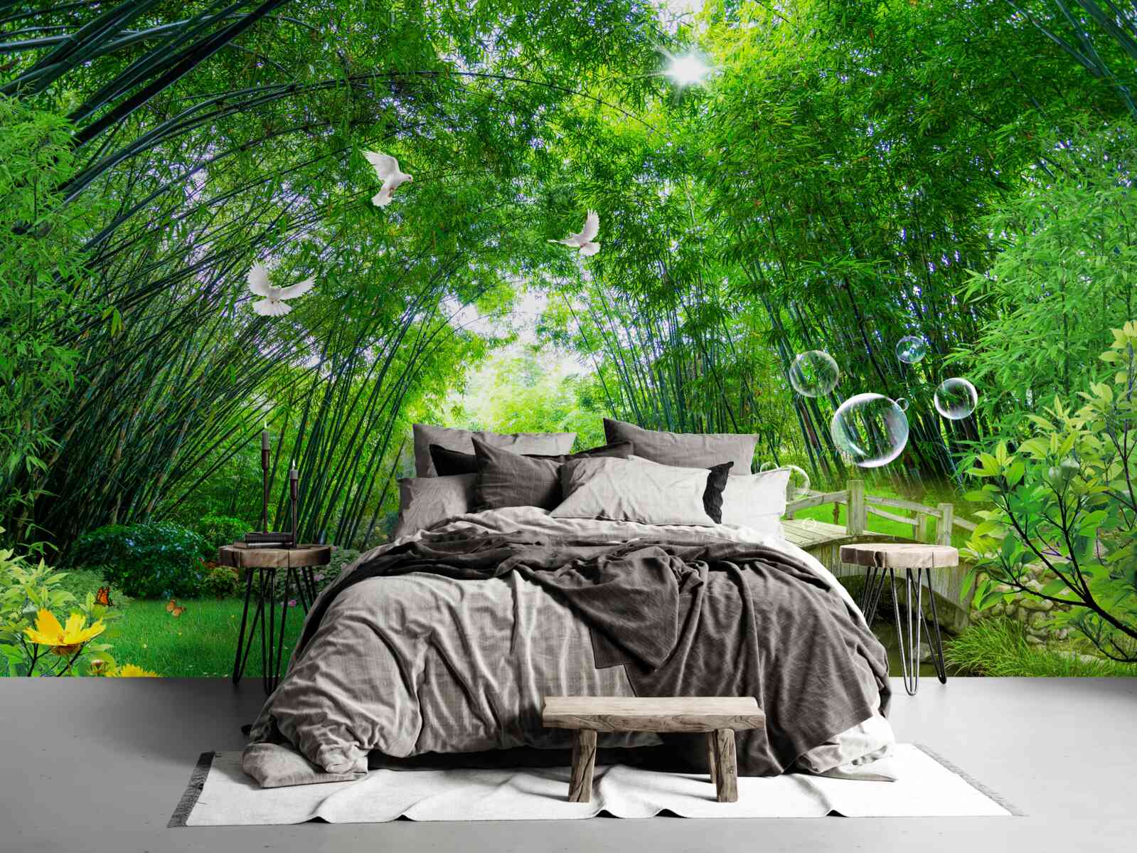 Fototapet într-un tufiș verde, o căprioară trece printr-un pasaj de lemn