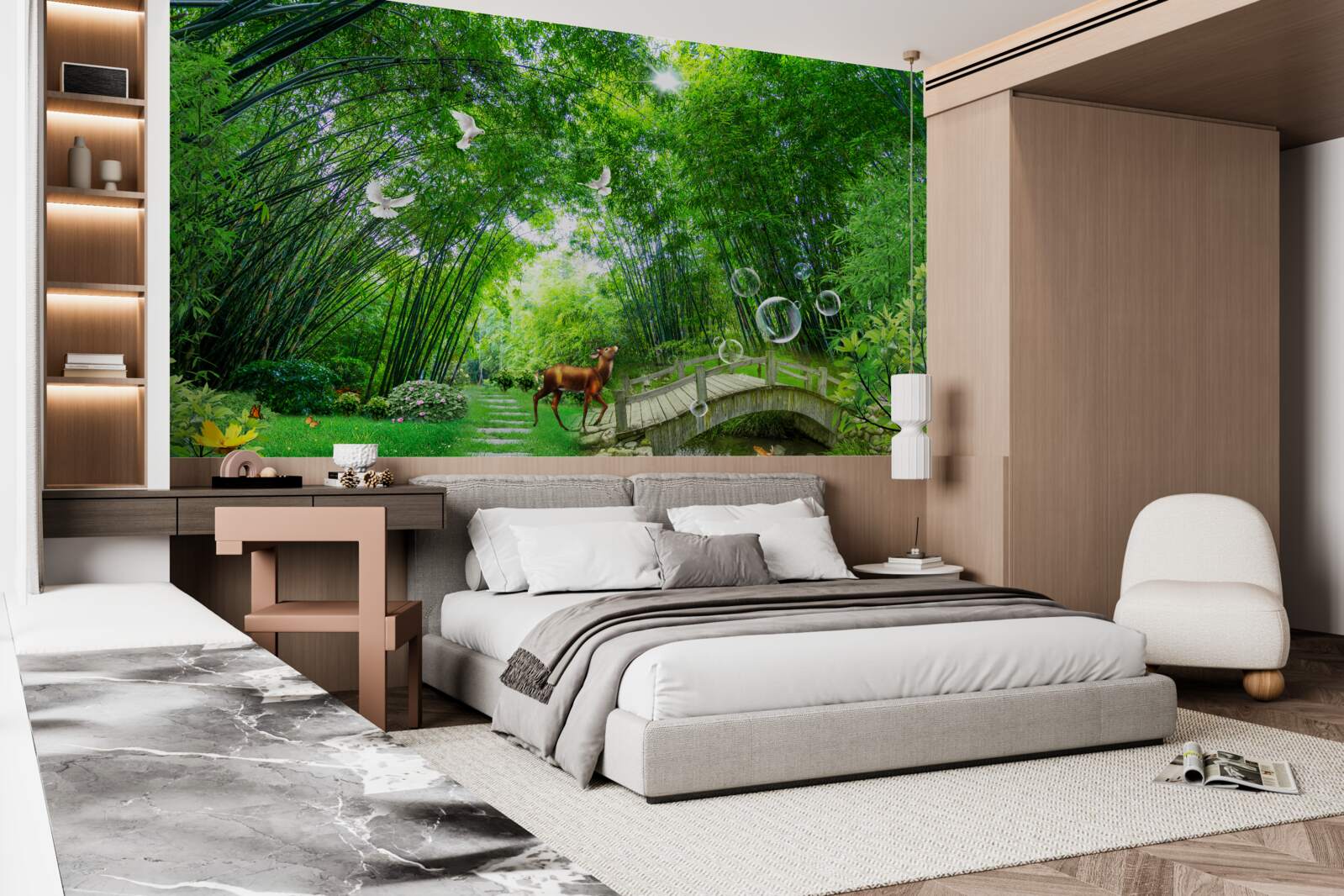 Fototapet într-un tufiș verde, o căprioară trece printr-un pasaj de lemn