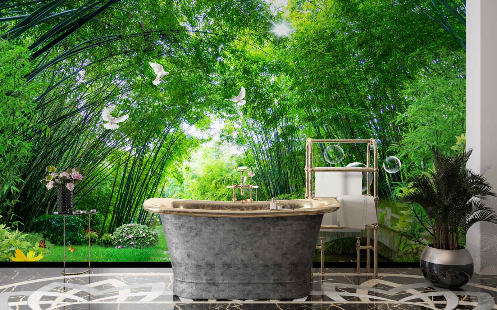 Fototapet într-un tufiș verde, o căprioară trece printr-un pasaj de lemn