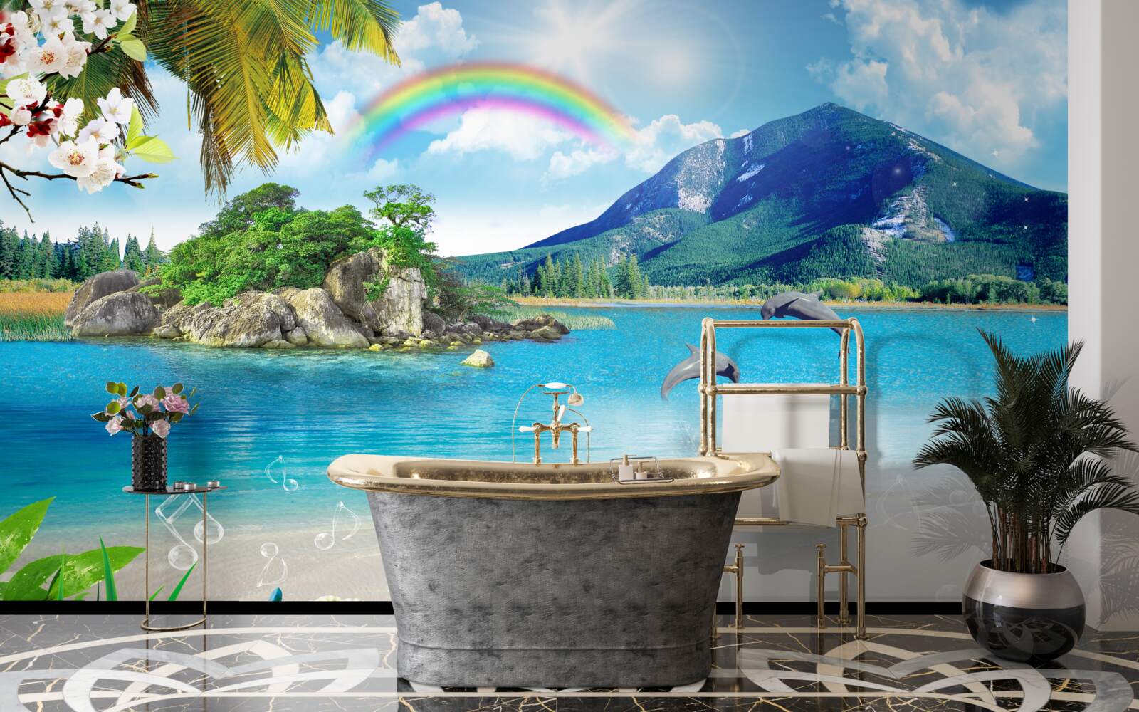 Fototapet un curcubeu strălucește pe țărmul mării