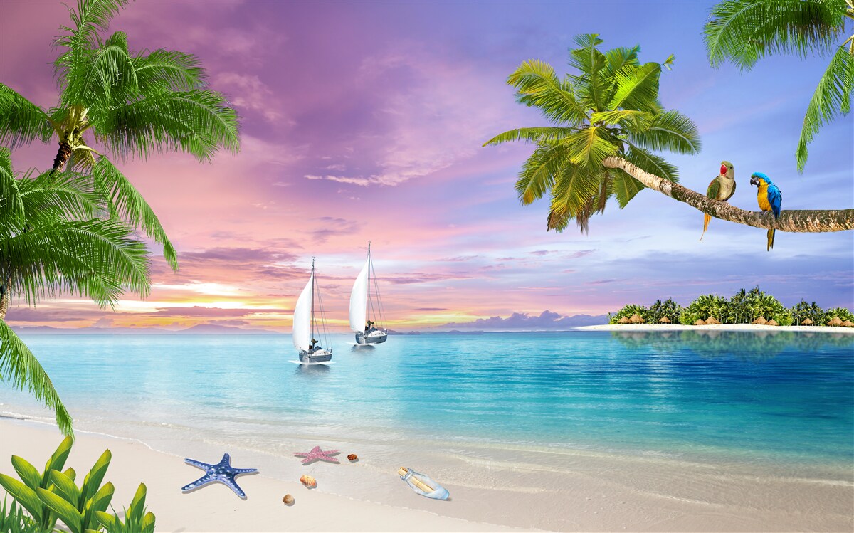 Fototapet iahturi cu vele lângă țărmul mării