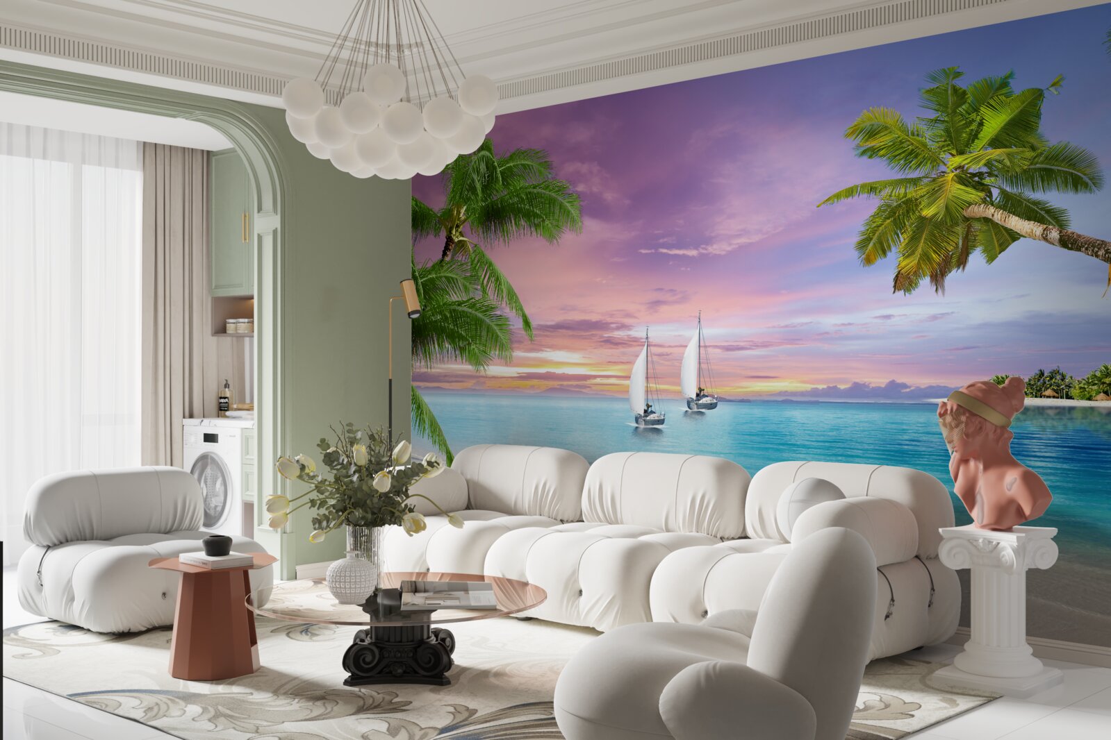 Fototapet iahturi cu vele lângă țărmul mării