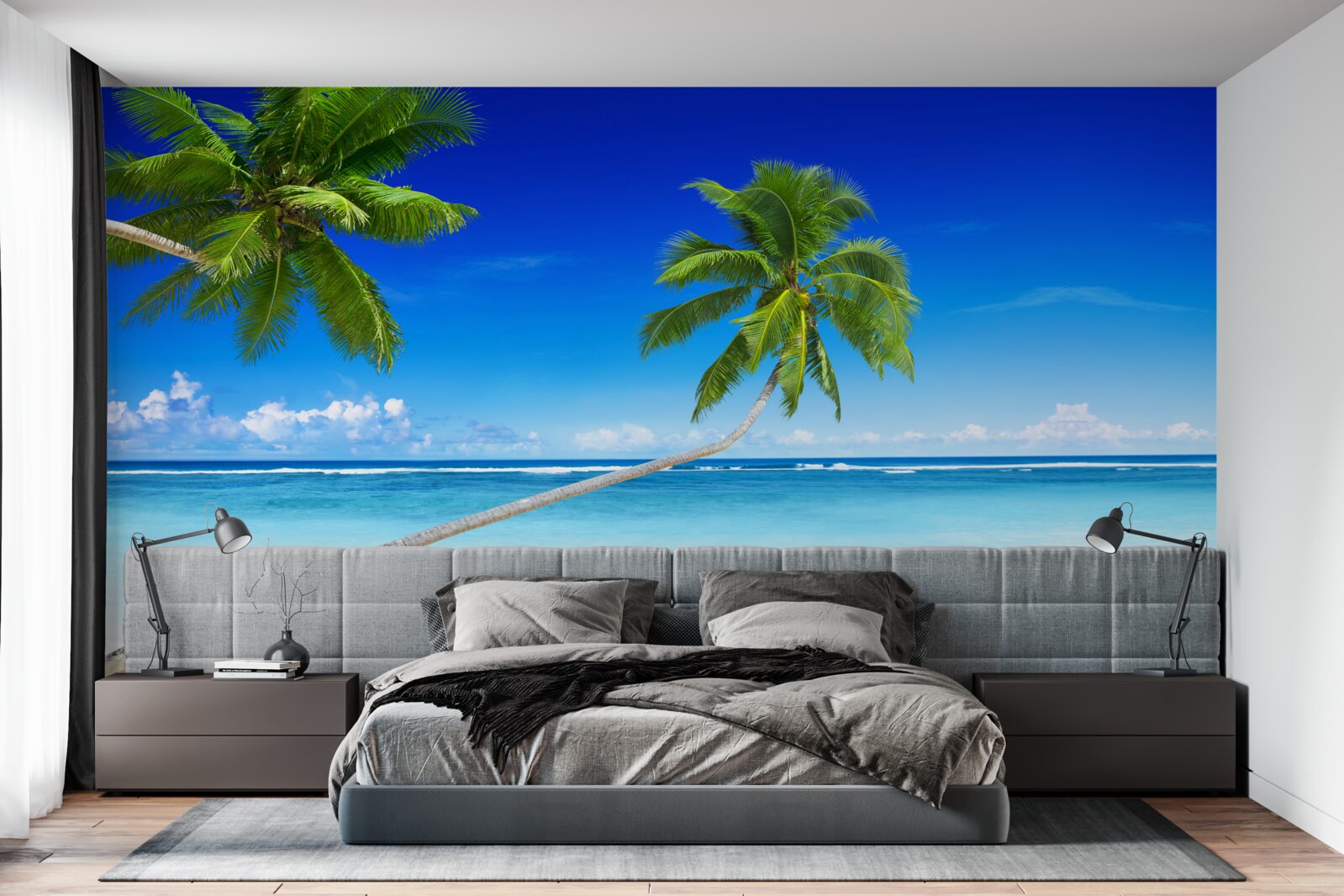 Fototapet plajă tropicală și palmieri unde domnește liniștea