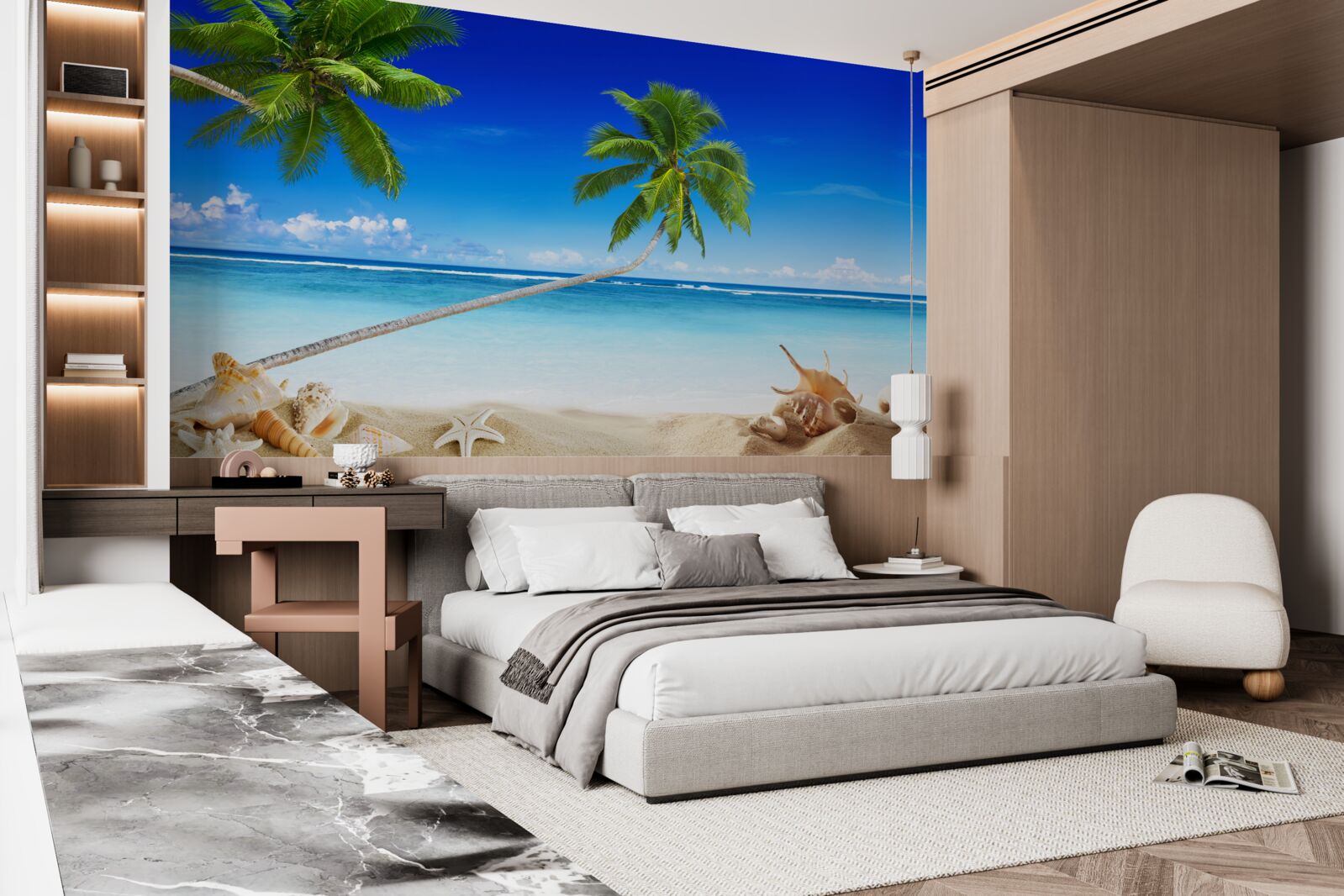 Fototapet plajă tropicală și palmieri unde domnește liniștea