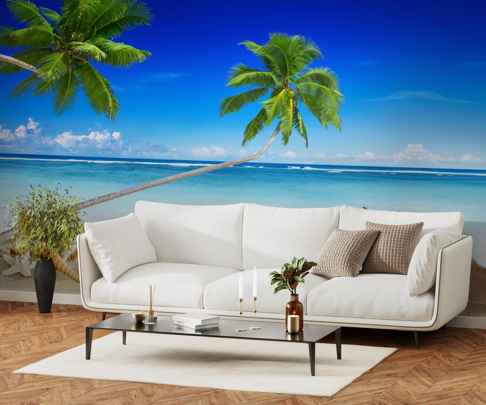 Fototapet plajă tropicală și palmieri unde domnește liniștea