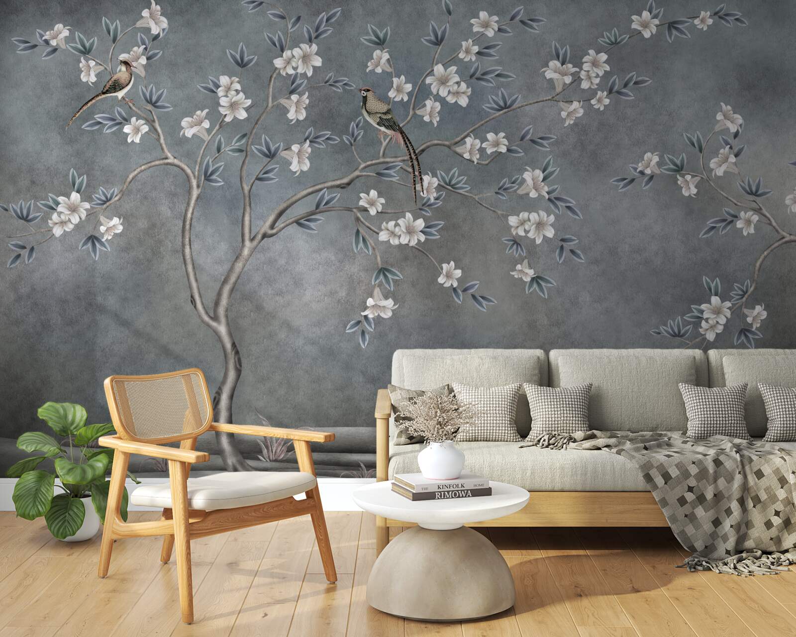 Fototapet copacii cu flori albe sunt decorați cu păsări