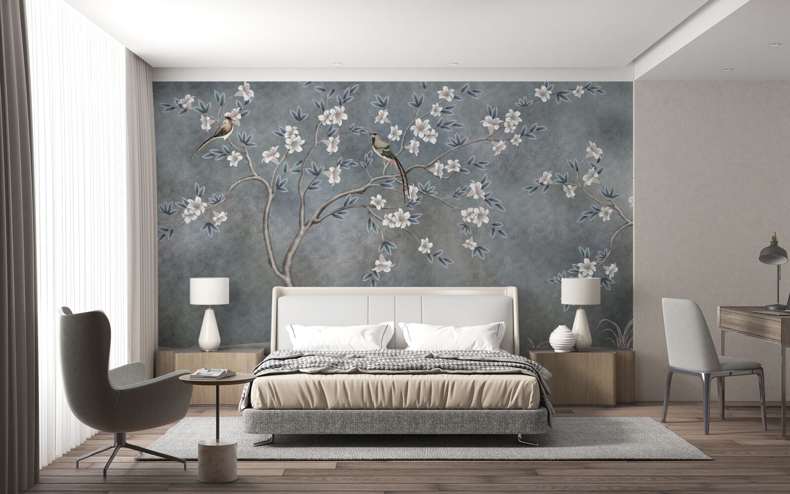 Fototapet copacii cu flori albe sunt decorați cu păsări