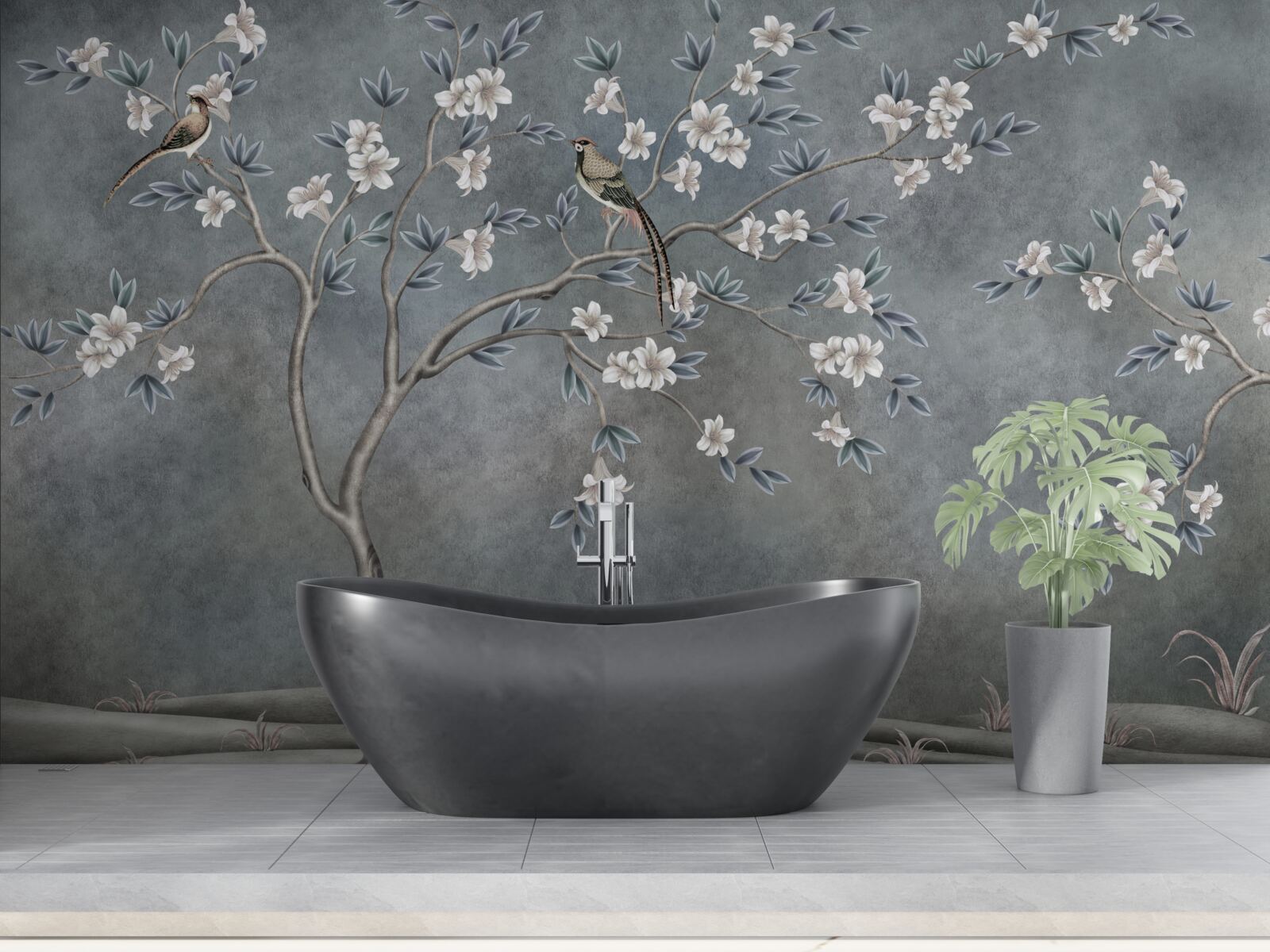 Fototapet copacii cu flori albe sunt decorați cu păsări